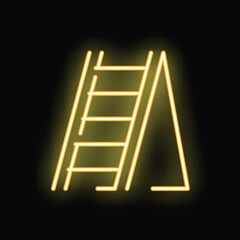 Yellow glowing neon sign depicting a step ladder leaning against a wall in the dark