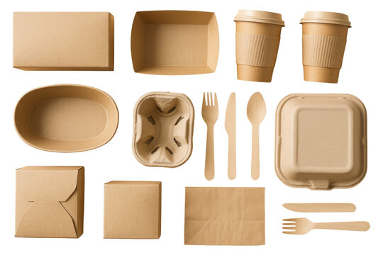 Assortment of disposable brown paper food packaging and cutlery laid out flat on a white surface cardboard isolated on a transparent background