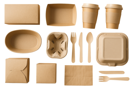 Assortment of disposable brown paper food packaging and cutlery laid out flat on a white surface cardboard isolated on a transparent background