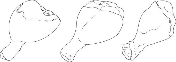 Line vector illustrations of various raw meat cuts, with detailed textures in realistic style