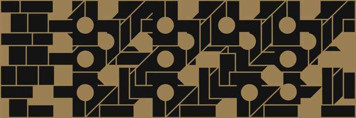 An abstract seamless pattern with geometric shapes in black and gold colors forming a complex design