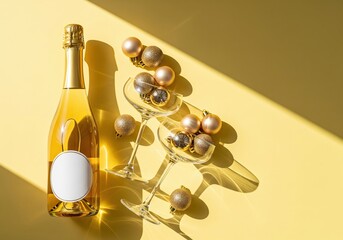 Minimalist New Year celebration concept. Champagne bottle, glasses filled with gold baubles, and harsh shadow on bright yellow background