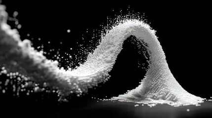 A grayscale image showcases a spiraling wave formation, seemingly composed of countless small spheres