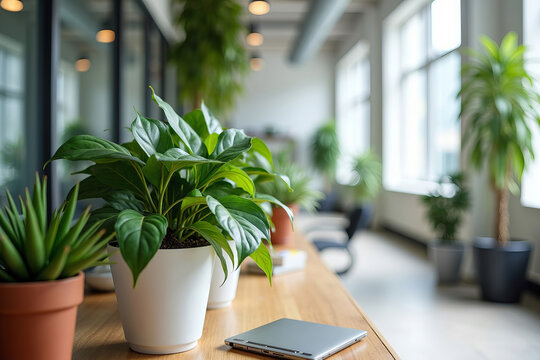 Blending natural elements with modern aesthetics: Integrating potted plants and succulents in an office setting.