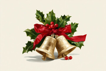  Classic Christmas bells illustration with holly and ribbon.
