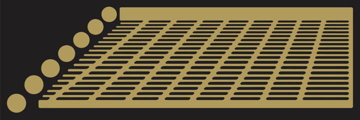 A gold grid pattern with horizontal slots and a row of gold spheres on a dark background design art