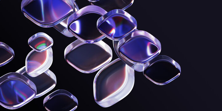 Abstract black 3d background with neon glass square plate shapes. Futuristic digital tech banner. Crystal holographic block pattern with purple blue gradient and red green lens flare. 3D illustration