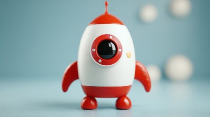 Close up of a classic red and white toy rocketship with a large, round, black and red eye.