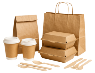 Assortment Of Eco-Friendly Kraft Paper Food Packaging And Utensils isolated on a transparent background