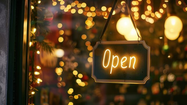 A glowing 'Open' sign hangs in a shop window, surrounded by warm, festive lights. The scene conveys a welcoming atmosphere during the holiday season.