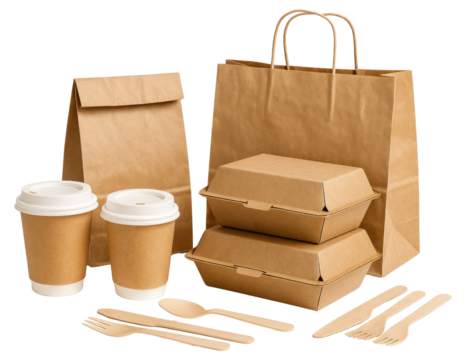 Assortment Of Eco-Friendly Kraft Paper Food Packaging And Utensils isolated on a transparent background