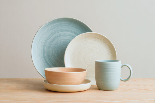 A set of pastel ceramic dishware including blue, beige, and peach plates, a bowl, and a mug arranged on a wooden surface against a neutral background - Powered by Adobe