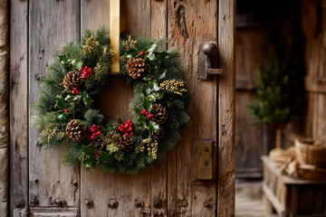 Elegant golden Christmas wreath with holly and berries.
