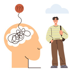 Side view of a head with a tangled brain and question marks in a thought balloon, alongside a young man standing casually. Ideal for psychology, decision-making, self-reflection, mental health