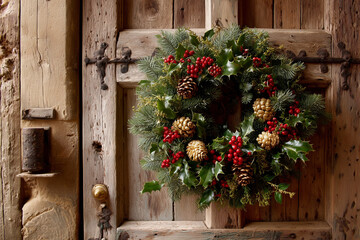Elegant golden Christmas wreath with holly and berries.

