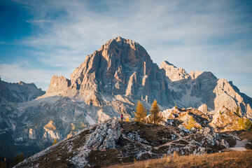 Sunset at Tofane mountains group. Dolomites, Cortina d'Ampezzo, Veneto, Italy.