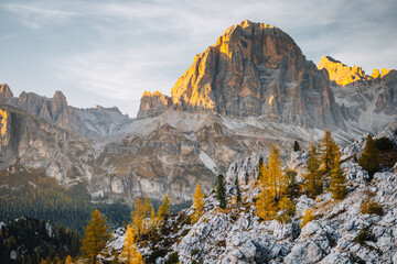 Sunset at Tofane mountains group. Dolomites, Cortina d'Ampezzo, Veneto, Italy.
