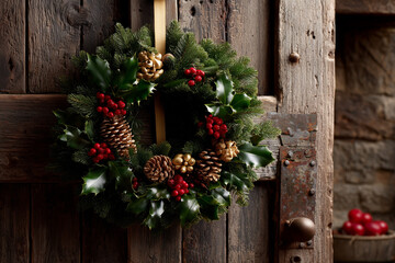 Elegant golden Christmas wreath with holly and berries.
