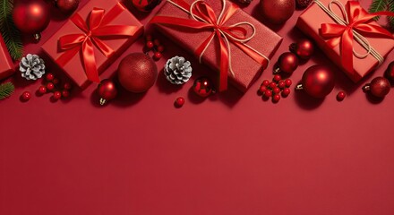 Red Christmas Background. Top Border with Gift Boxes, Baubles, Berries, and Pine Cones with Copy Space