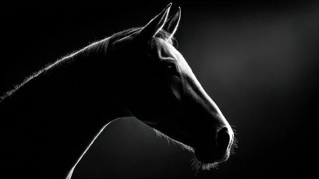 A grayscale side profile of a horse against a stark, shadowed background - Powered by Adobe