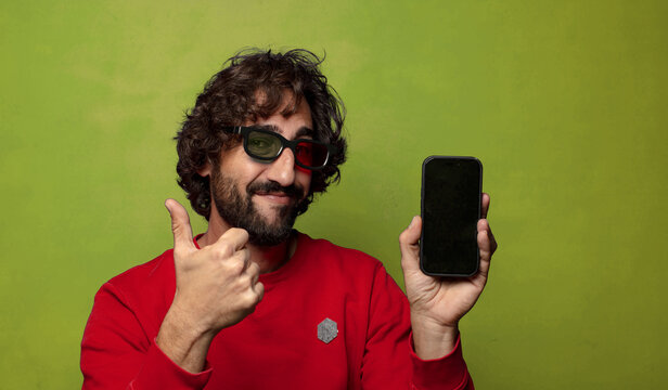 young adult bearded man with virtual glasses and phone