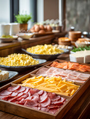Obraz premium Assorted sliced deli meats and cheeses neatly arranged in a wooden tray with scrambled eggs and other breakfast items on a buffet table in a cozy dining setting