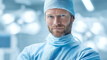 A skilled surgeon stands ready, wearing a surgical cap and mask. His confident expression suggests readiness for the upcoming procedure in a clean, well-lit operating room