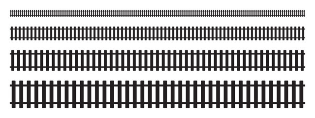 Obraz premium Set of railroad parts. Straight traintrack elements in top view isolated on white background. Railway borders. Fence or ladder texture. Vector graphic illustration