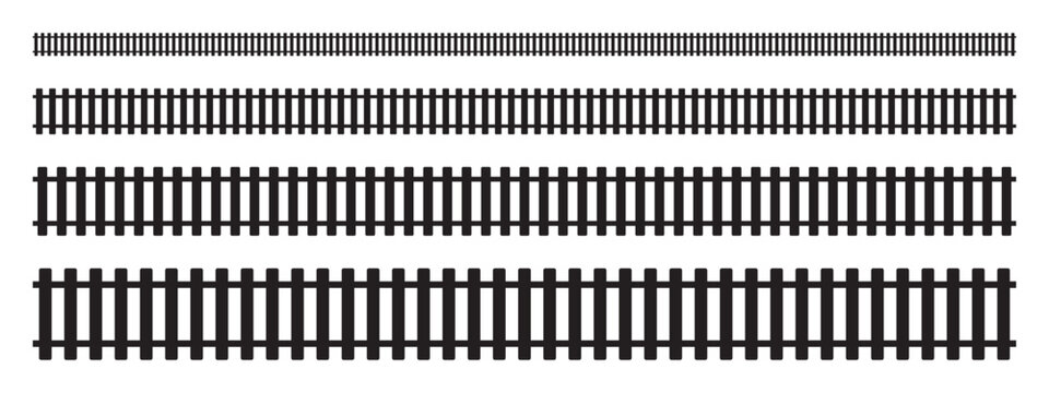 Fototapeta Set of railroad parts. Straight traintrack elements in top view isolated on white background. Railway borders. Fence or ladder texture. Vector graphic illustration