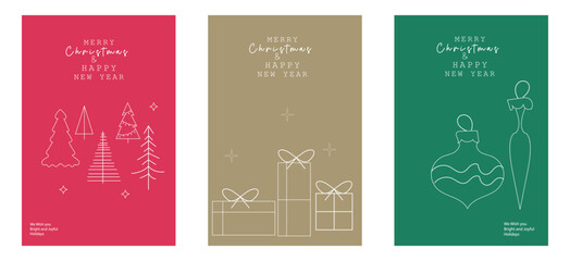 Christmas and New year greeting cards with hand drawn christmas trees,gifts and balls