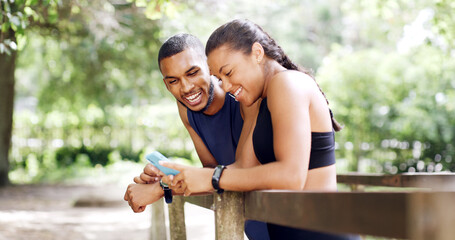Happy, outdoor and people with smartphone, fitness and funny meme with social media. Friends, man and woman with cellphone, internet or digital app to track progress, connection or smile with network