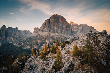 Sunset at Tofane mountains group. Dolomites, Cortina d'Ampezzo, Veneto, Italy.