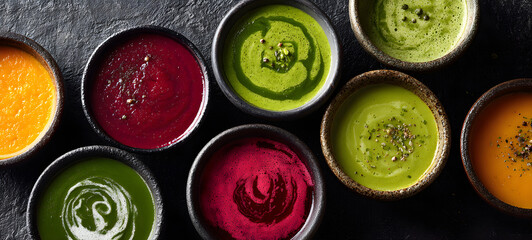 Assortment of colored vegetable cream soups. Dietary food. On a black stone background. Top view. Free copy space.