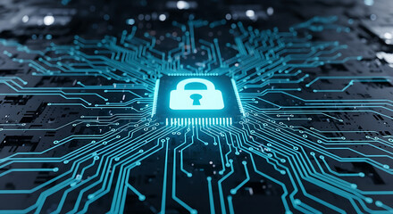 Illuminated digital padlock symbol on an intricate circuit board, signifying robust data protection and advanced cybersecurity solutions for a secure future