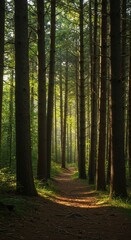 Dense northern forest with a winding path through ancient trees, dappled sunlight filtering through the canopy, creating a peaceful, natural atmosphere ,silence ,serene ,path