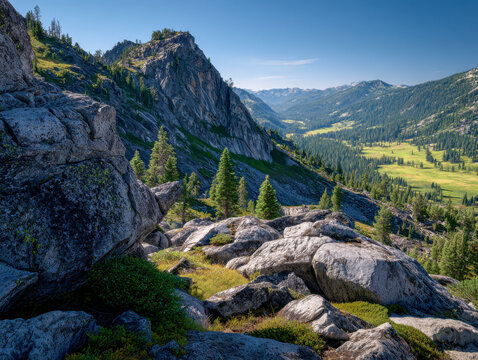 Scenic mountain valley with rocky outcrops and evergreen trees overlooking expansive forested hills under a clear blue sky on a sunny day - Powered by Adobe