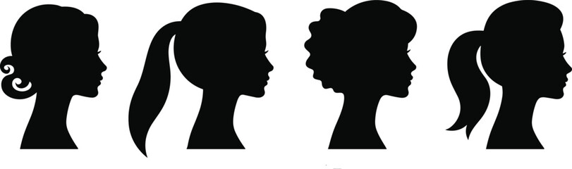 “Collection of female head silhouettes showing different hairstyles in elegant black vector style for beauty, fashion design, profile illustration and artwork”