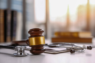 Wooden judge gavel with brass band lying on desk next to stethoscope and clipboard symbolizing medical law, healthcare justice, and legal review concepts in office s