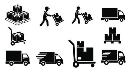 Delivery service icons depicting boxes trucks and workers handling freight