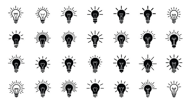Collection of various black and white light bulb icons different styles displayed
