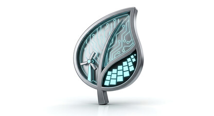 Intricate futuristic leaf design with glowing blue geometric patterns and metallic textures on a white background