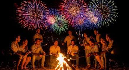 Bonfire night celebration with fireworks display and marshmallow roasting
