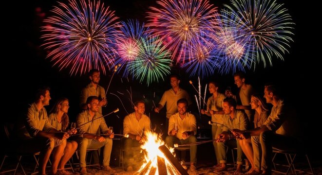 Bonfire night celebration with fireworks display and marshmallow roasting