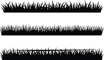 “Grass silhouette border set with dense sharp meadow blades for natural design elements and decoration, cad drawing flat vector illustration”