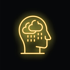 Neon sign depicting a human head silhouette with raining clouds inside, symbolizing negative emotions