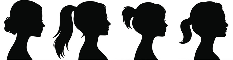 &ldquo;Set of female head silhouettes in profile featuring various ponytail and bun hairstyles in elegant black vector style for beauty design&rdquo;