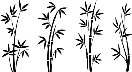 Naklejka premium Bamboo plant silhouette collection with elegant leaves and stems in minimal black style for nature decoration and design, cad drawing flat vector illustration