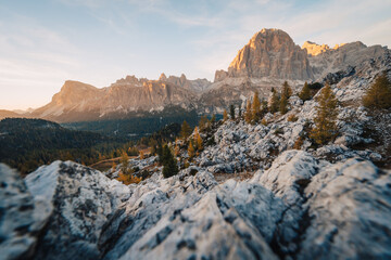 Sunset at Tofane mountains group. Dolomites, Cortina d'Ampezzo, Veneto, Italy.