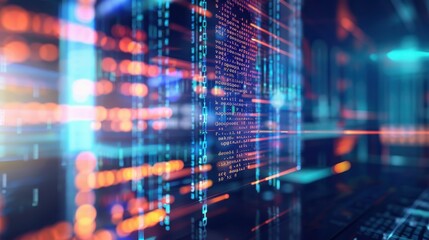 Abstract digital data streams with glowing lines and binary code. The scene represents technology, data processing, and information flow.