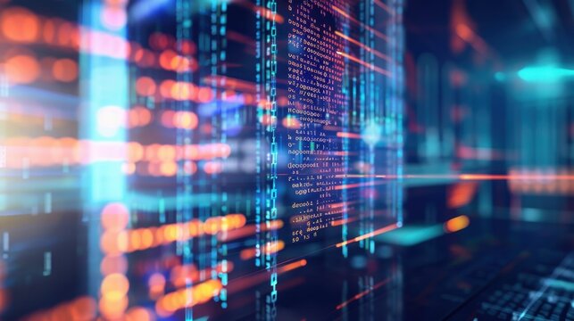 Abstract digital data streams with glowing lines and binary code. The scene represents technology, data processing, and information flow.